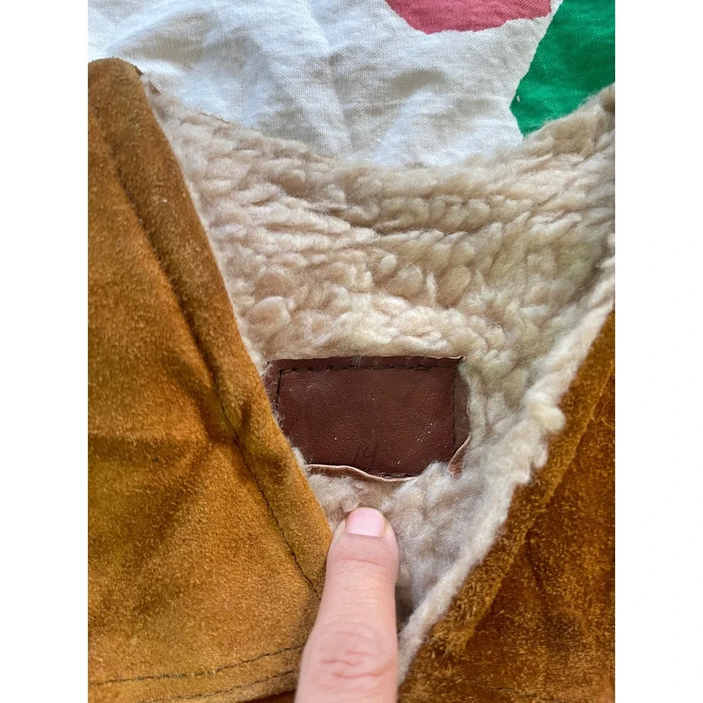 Vintage Kids Tan Suede Western Vest Faux‎ Shearling Lined Brown Medium